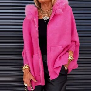 Women's Pink Hooded Faux-Fur Trim Cape Jacket